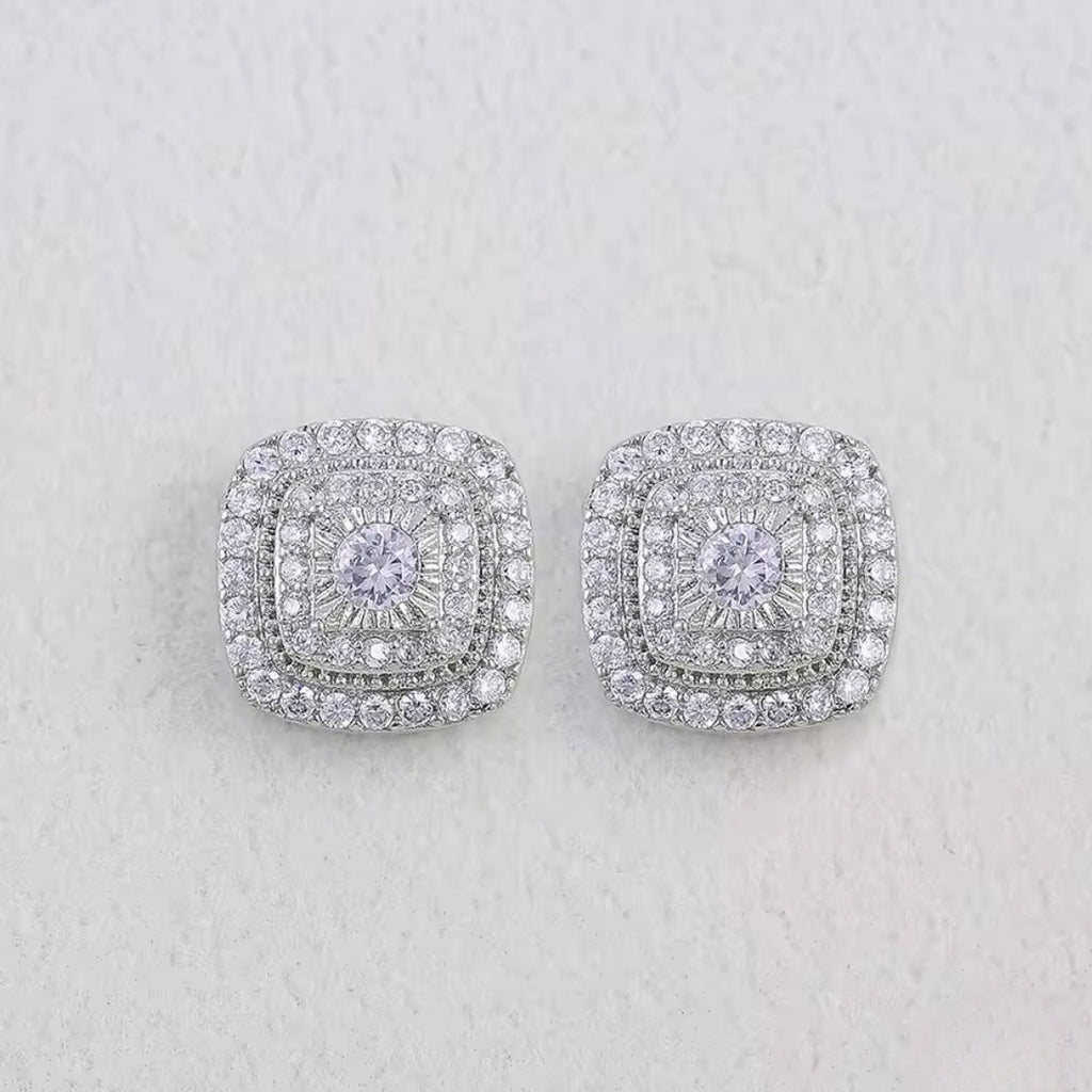 CZ Elegant Square Stud Earrings - Silver