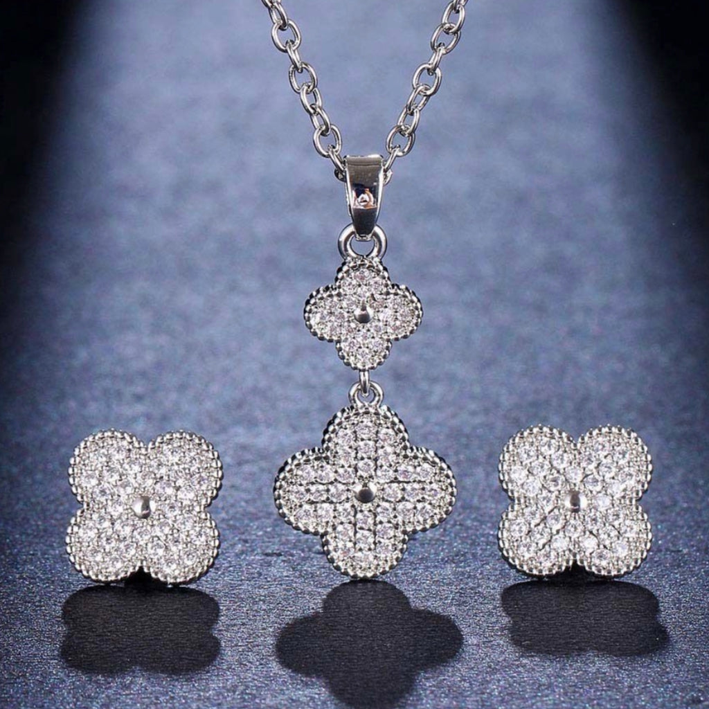 Pave CZ Clover Set - Gold and Silver