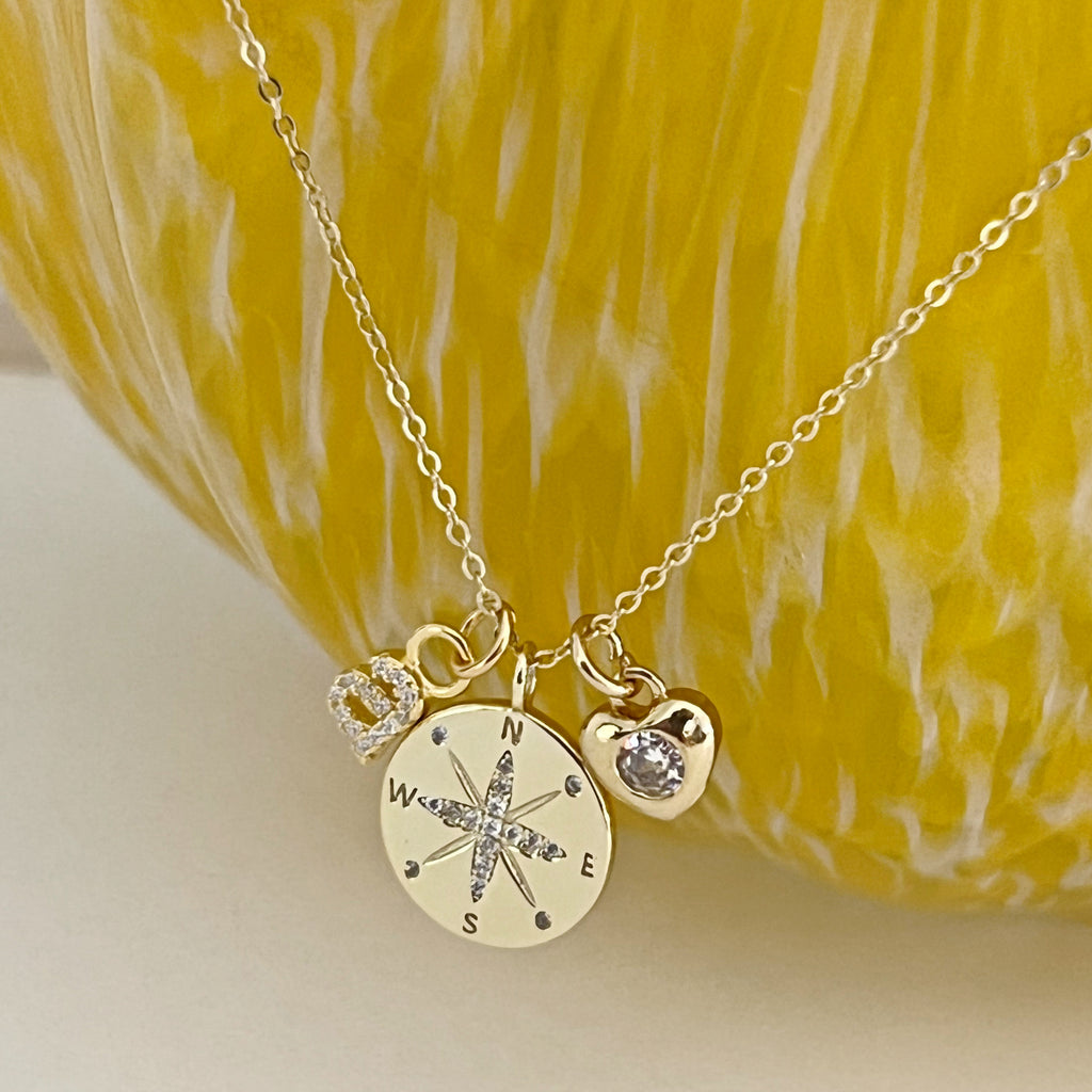 Personalized Compass/Heart Charms Necklace - Gold