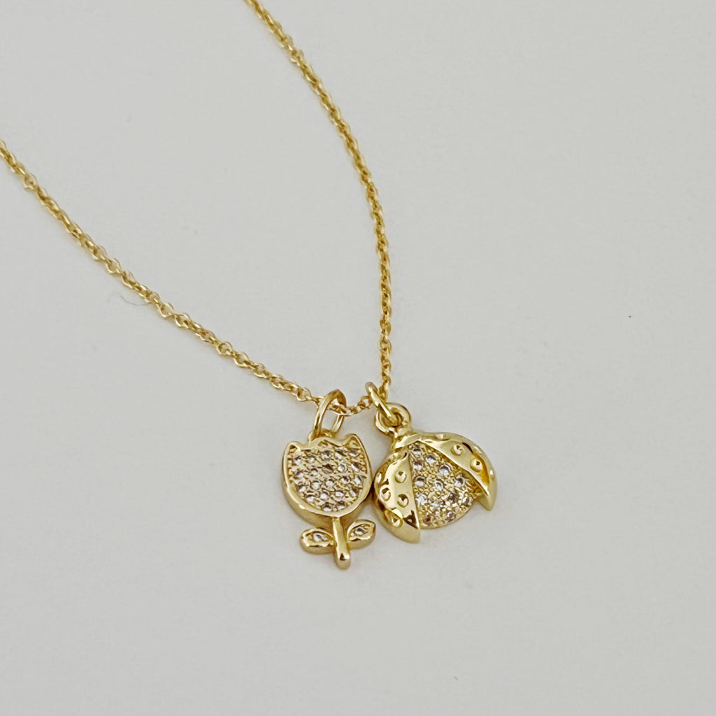 CZ Ladybug with Open Wings/Tulip Flower Charm Necklace - Gold