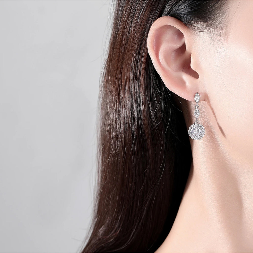 CZ Round Drop Stud Earrings - Silver