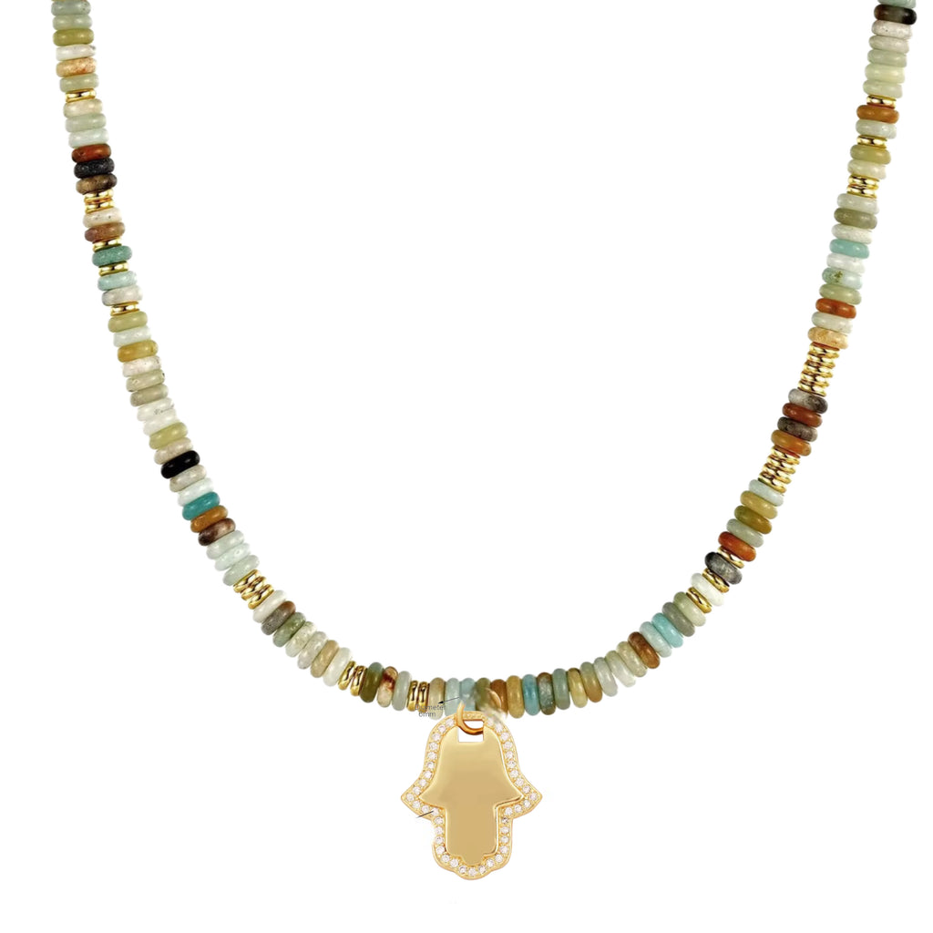 Beaded Gemstone Choker Hamsa Necklace - 14K Gold Plated