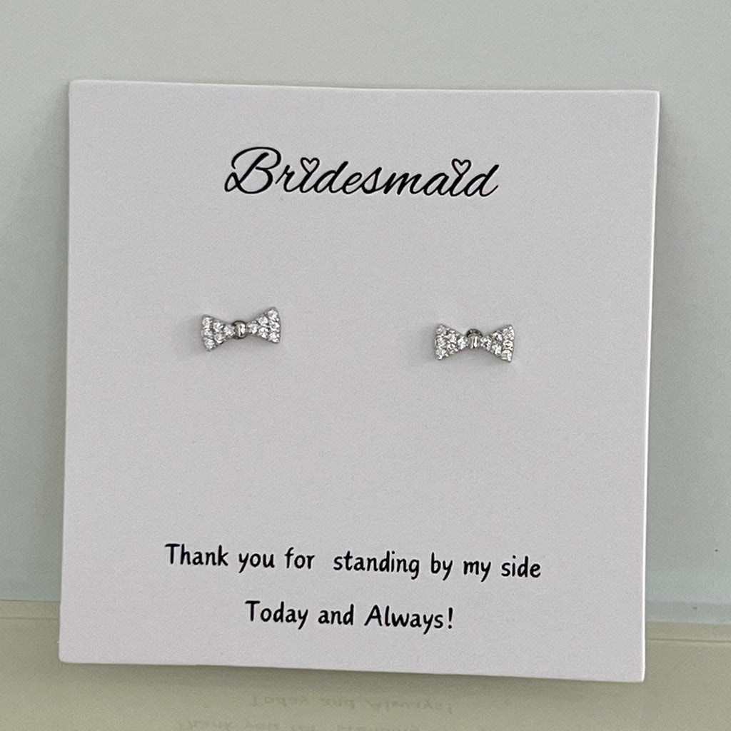 Bridesmaid Tiny CZ Bow Stud Earrings - Silver