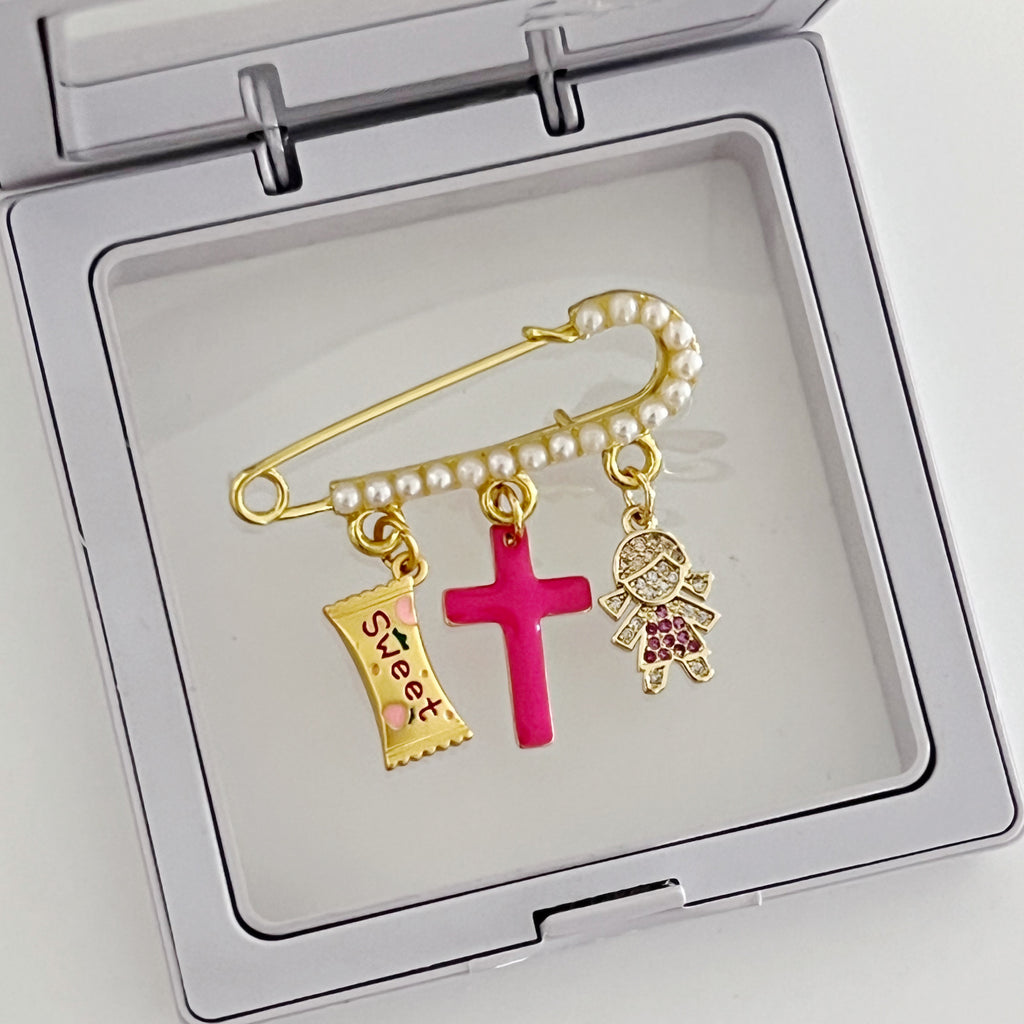 4 CM Pearl Pin With Fuchsia Pink Cross and Girl Charms - Gold