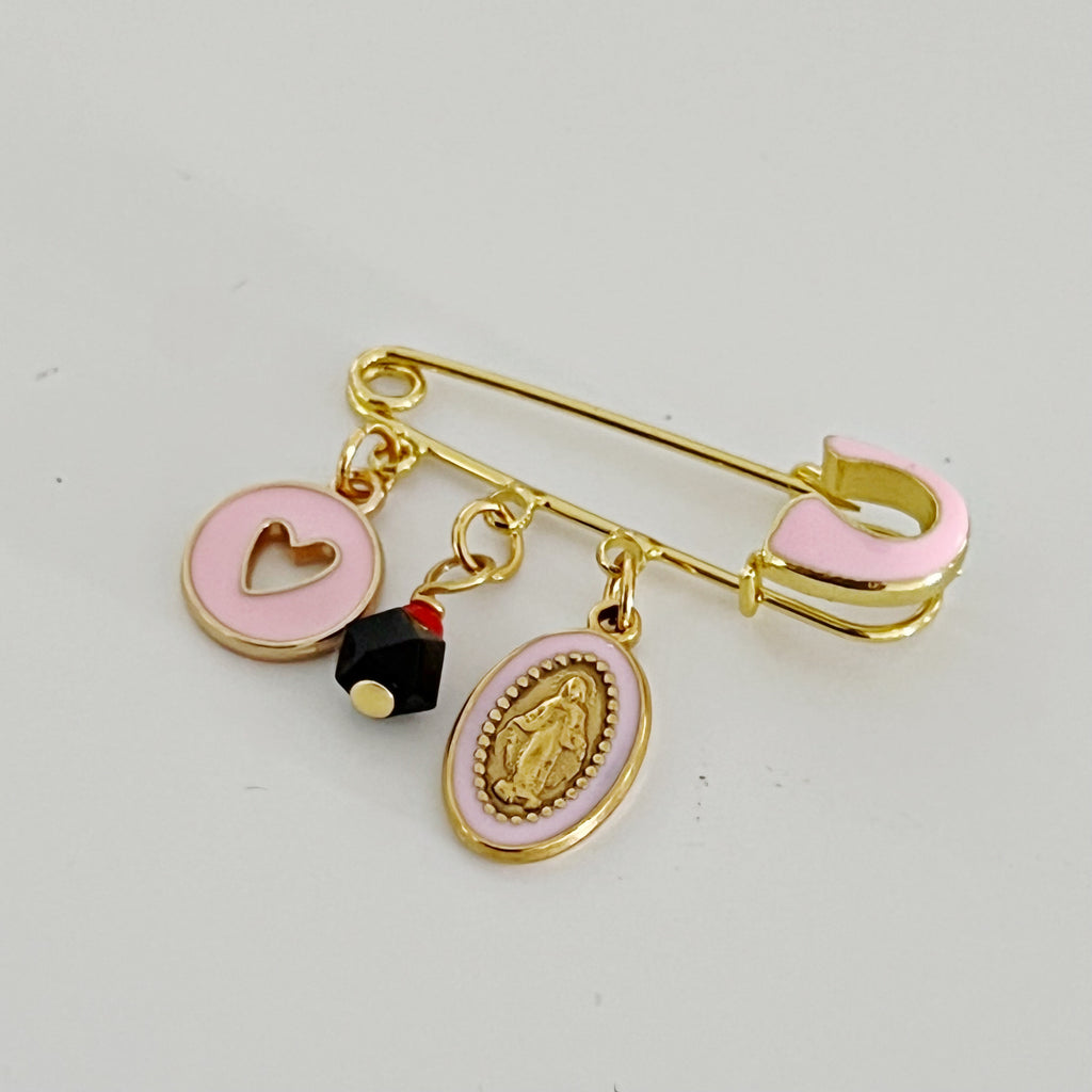 4 CM Pink Enamel Pin With Azabache 5 MM Charm - Gold