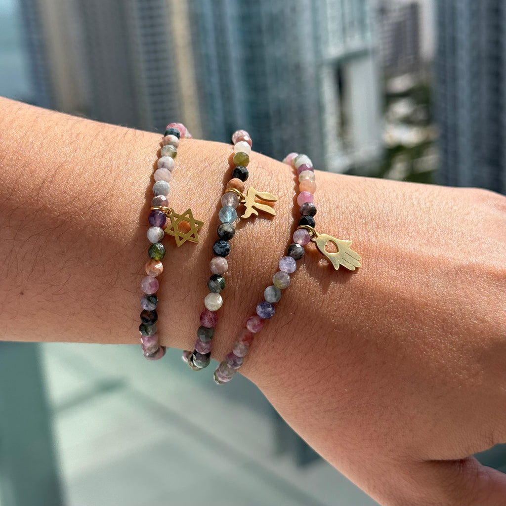 Tourmaline Gemstone Beaded Bracelet with Hamsa, Chai or Star of David Charm.