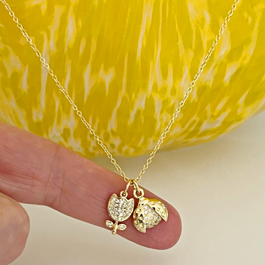 CZ Ladybug with Open Wings/Tulip Flower Charm Necklace - Gold