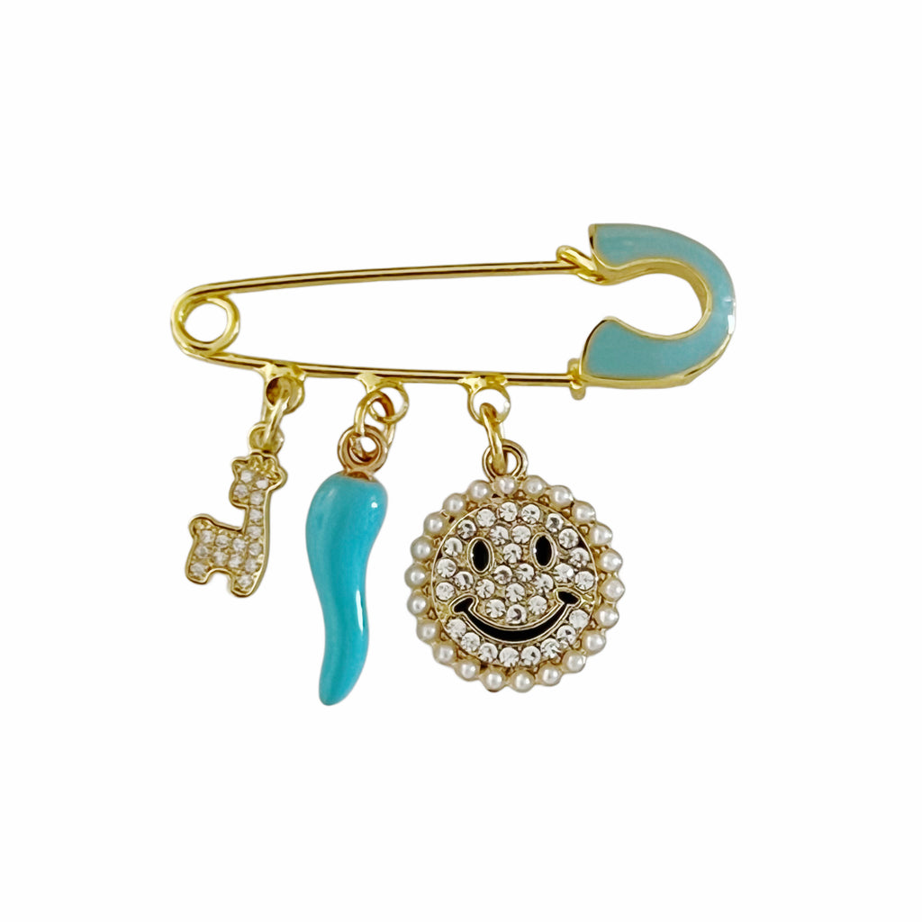 4 CM Blue Enamel Pin With CZ Happy Face Charm - Gold