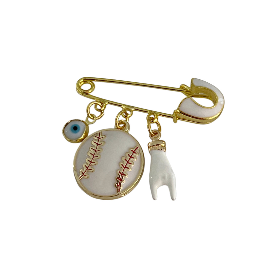 4 CM White Enamel Pin With Baseball Ball Charm - Gold