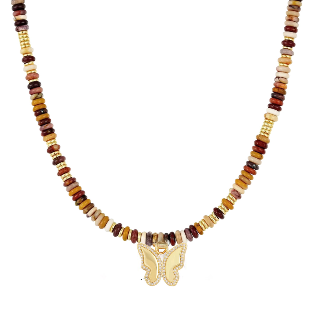 Beaded Gemstone Choker Butterfly Necklace - 14K Gold Plated