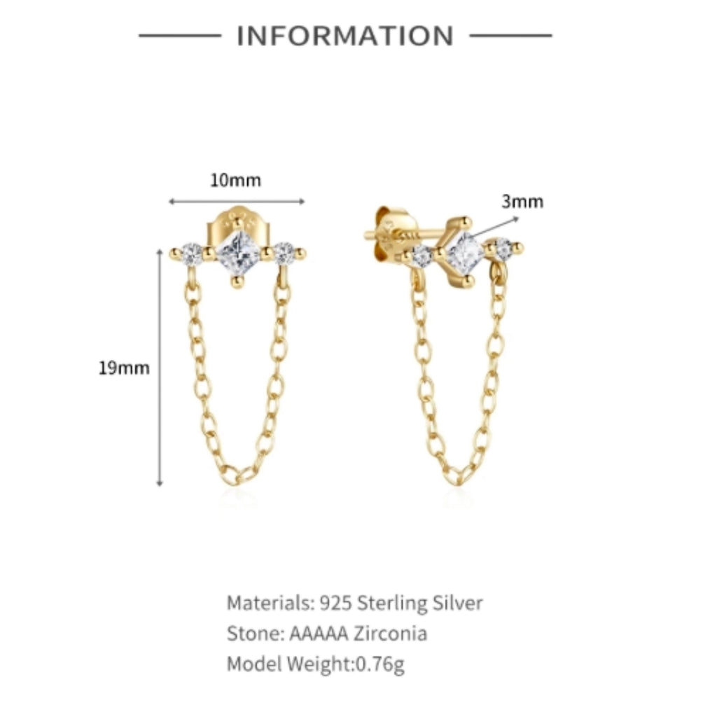 CZ Small Chain Stud Earrings - Gold