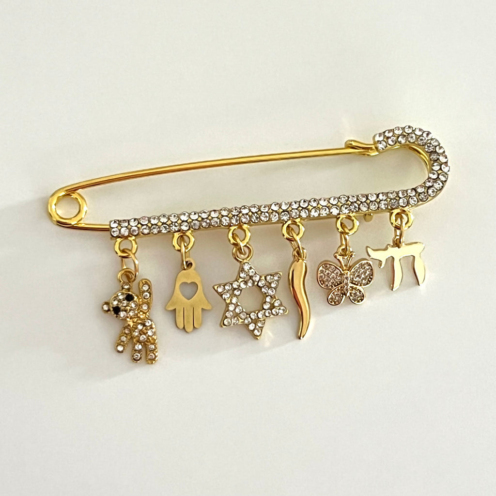 8 CM CZ Baby Pin With Jewish Charms - Gold