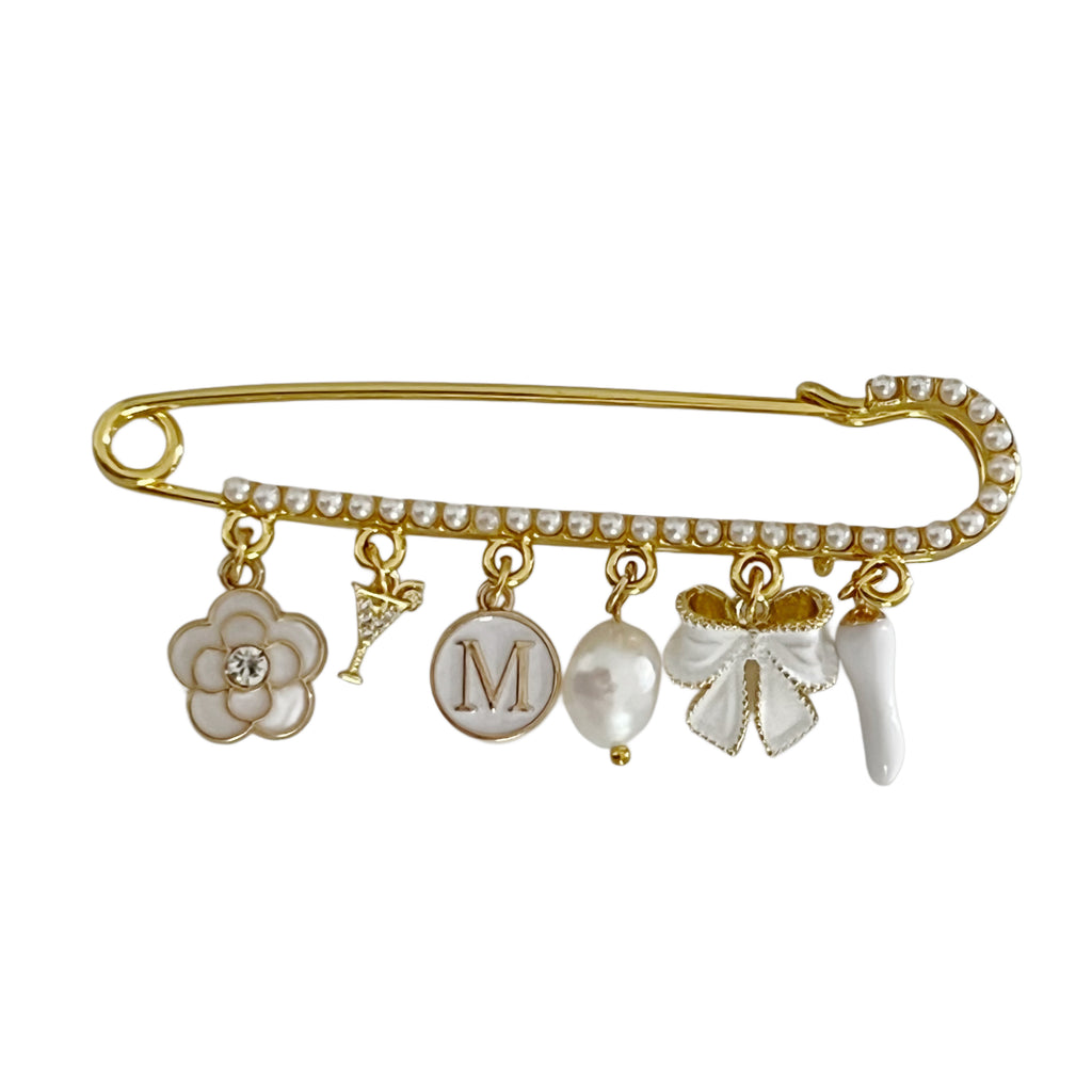 8 CM Personalized Pearl Pin With White Charms For Ladies - Gold