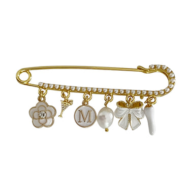 8 CM Personalized Pearl Pin With White Charms For Ladies - Gold