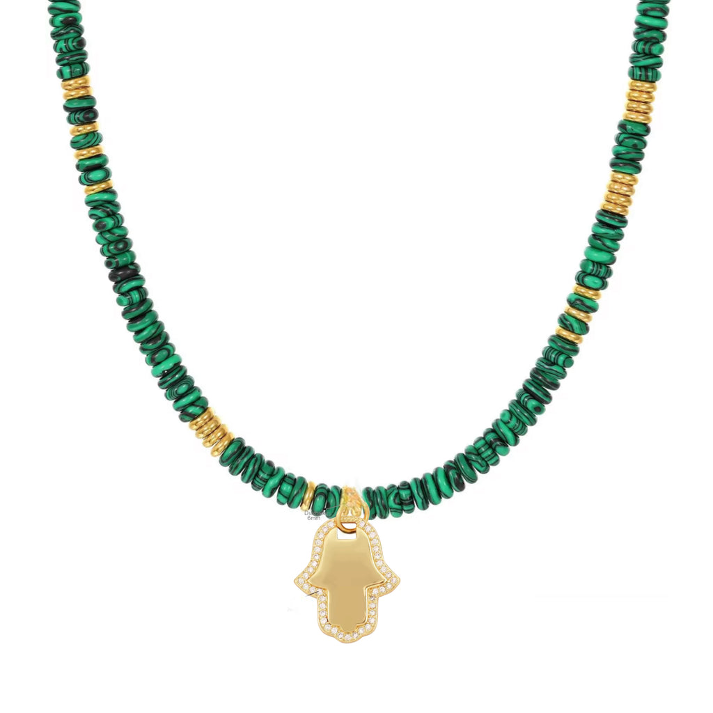 Beaded Gemstone Choker Hamsa Necklace - 14K Gold Plated