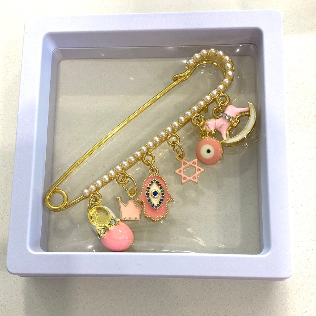 8 CM Pearl Baby Pin with Pink Charms - Gold