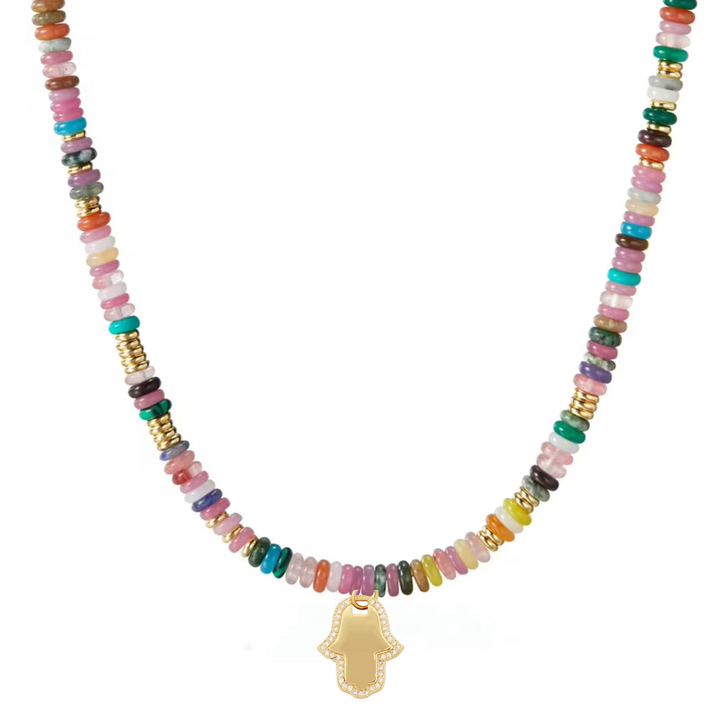 Beaded Gemstone Choker Hamsa Necklace - 14K Gold Plated