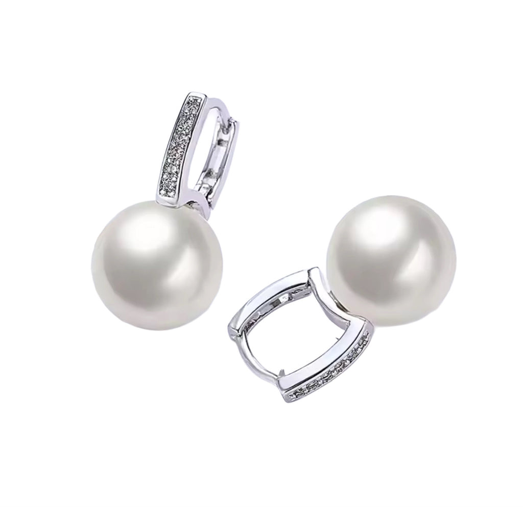 CZ Pearl Dangle Hoop Earrings - Gold and Silver