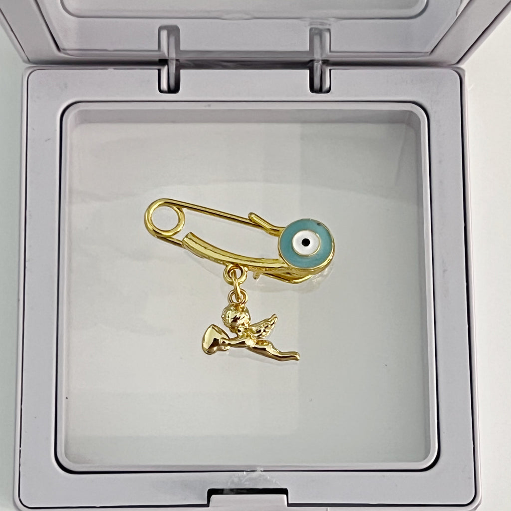 2.9 CM Evil Eye Baby Pin With Cherub Baby Angel Charm - Gold