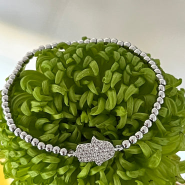 Stretch Beaded Hamsa Bracelet - Silver