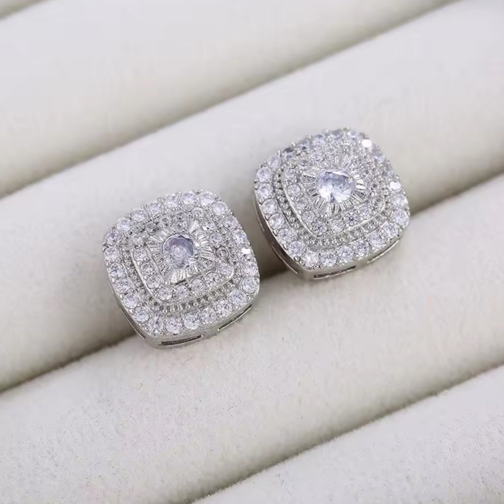 CZ Elegant Square Stud Earrings - Silver