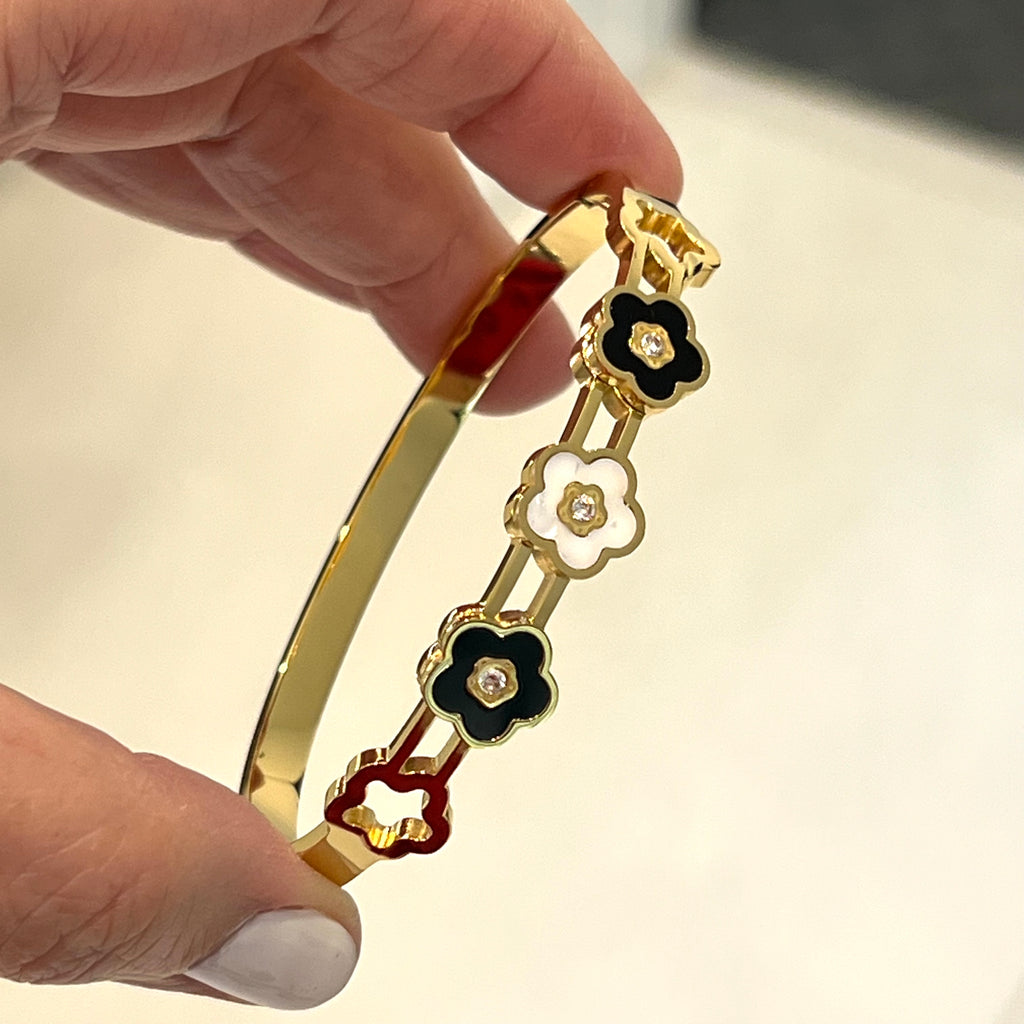 Shell Gem/ Enamel Flowers Bangle - Gold or Silver