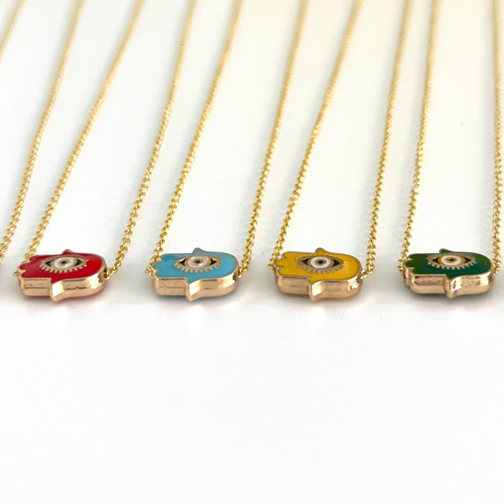 Enamel Mini Hamsa Pendant Necklace - Gold