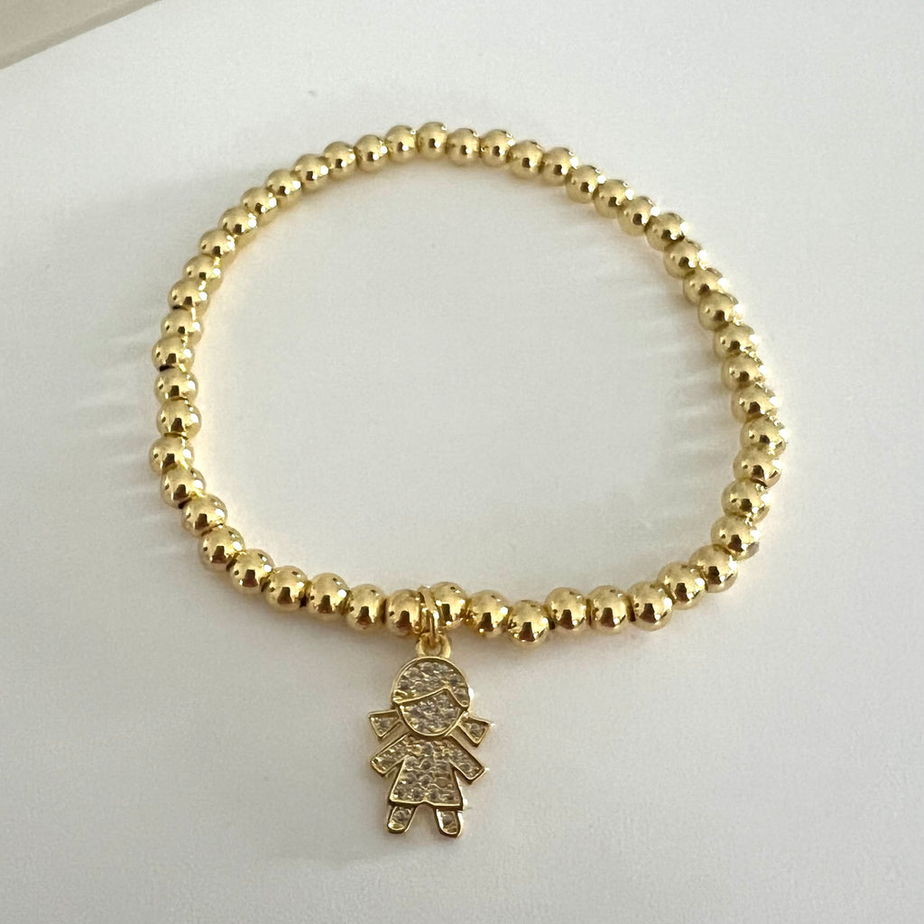 CZ Boy and Girl Beaded Stretch Bracelet - 14K Gold Plated