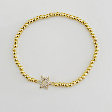 CZ Star of David Beaded Stretch Bracelet - Gold