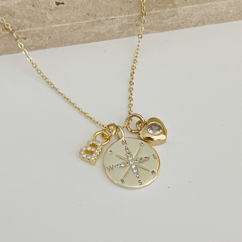 Personalized Compass/Heart Charms Necklace - Gold