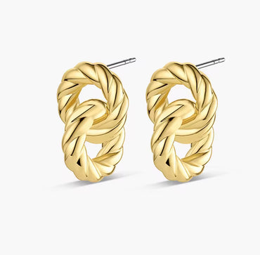 18K Gold Plated Lightweight Twisted Double Ring Stud Earrings