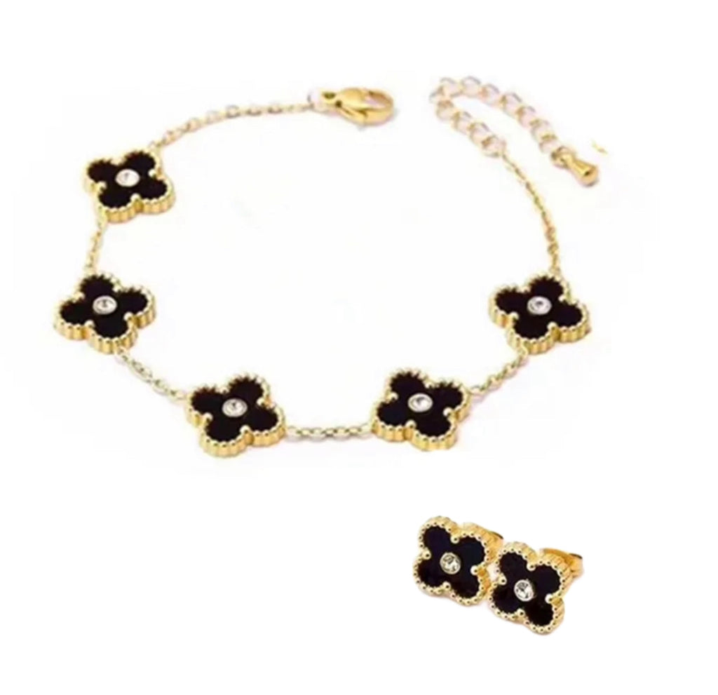 Stainless Steel Enamel - CZ Clover Set (Bracelet & Earrings)