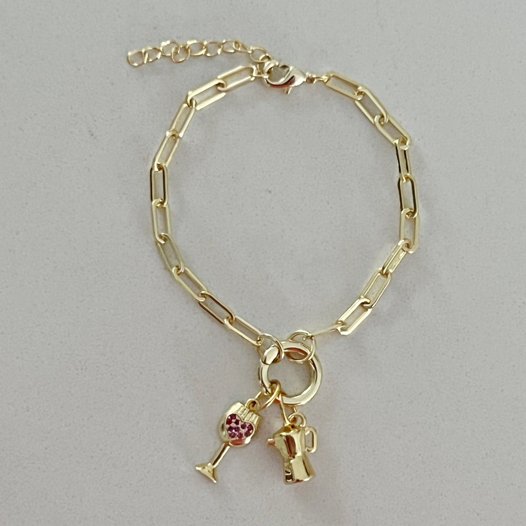 Coffee Now, Wine Later Charms Bracelet- Gold