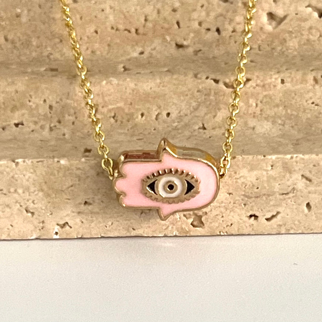 Enamel Mini Hamsa Pendant Necklace - Gold