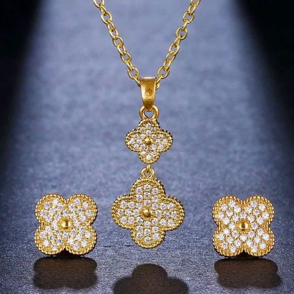 Pave CZ Clover Set - Gold and Silver