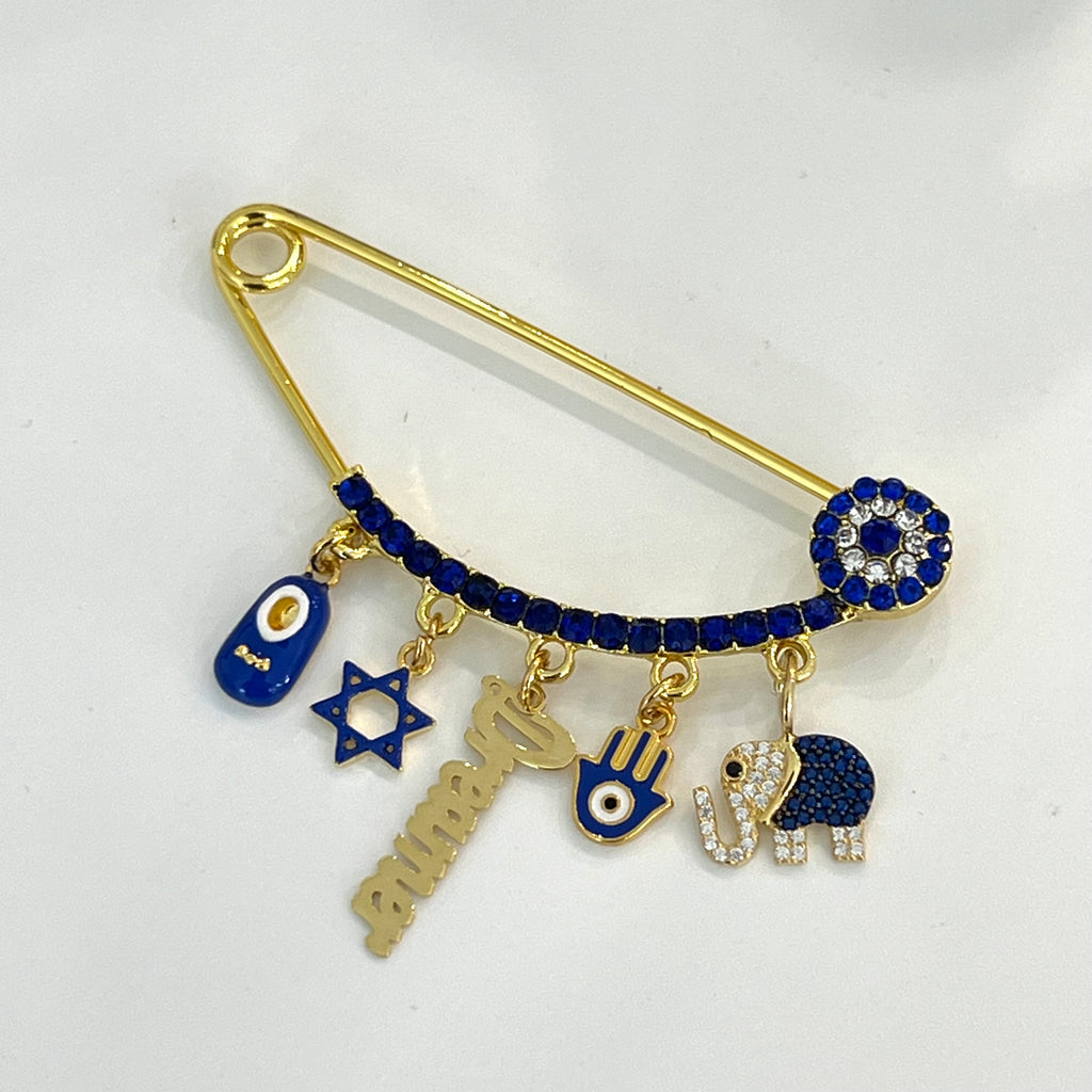 CZ Dark Blue Evil Eye Baby Pin With Dreamer Charm - Gold