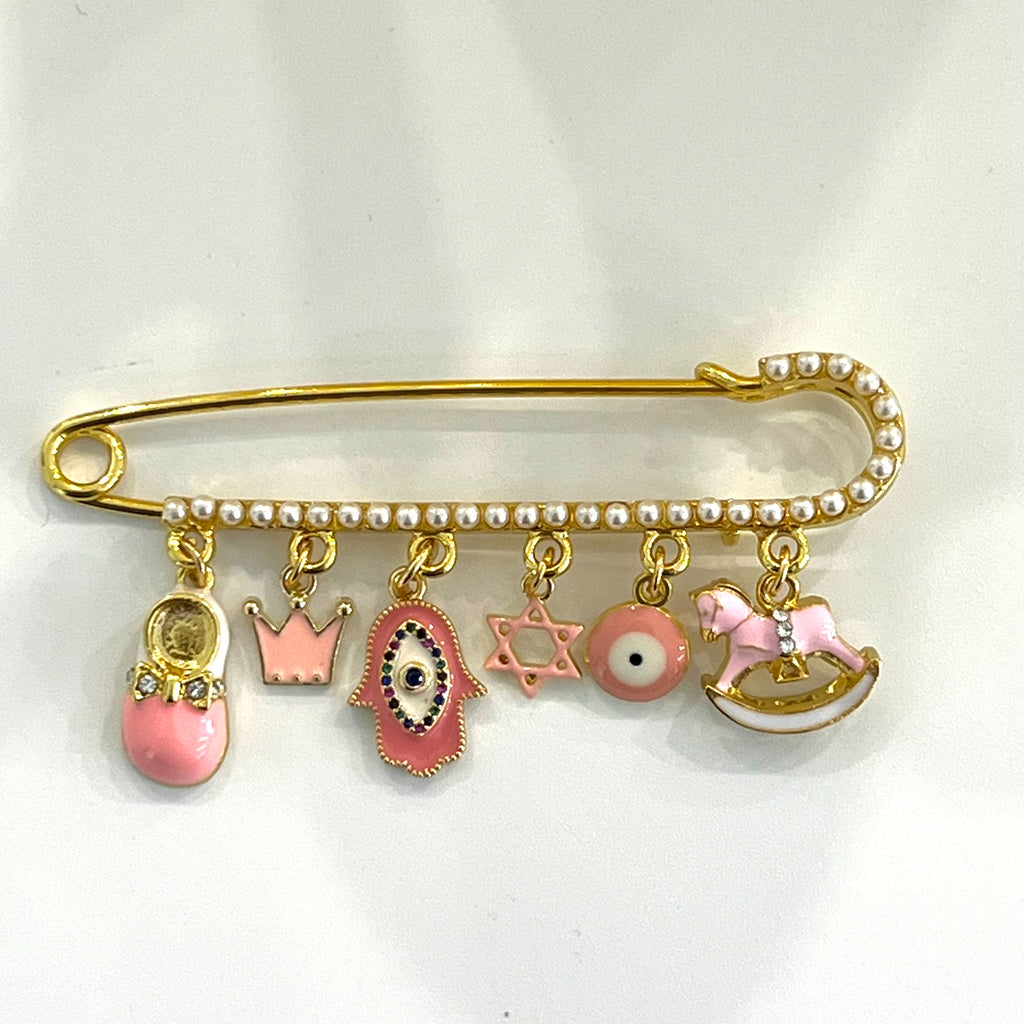 8 CM Pearl Baby Pin with Pink Charms - Gold