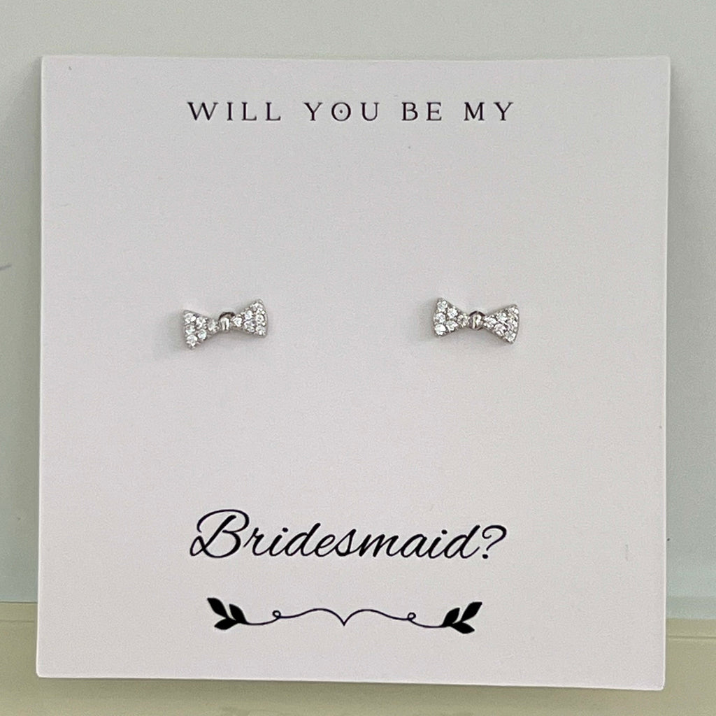 Bridesmaid Tiny CZ Bow Stud Earrings - Silver