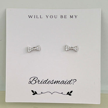 Bridesmaid Mini CZ Bow Stud Earrings - Silver
