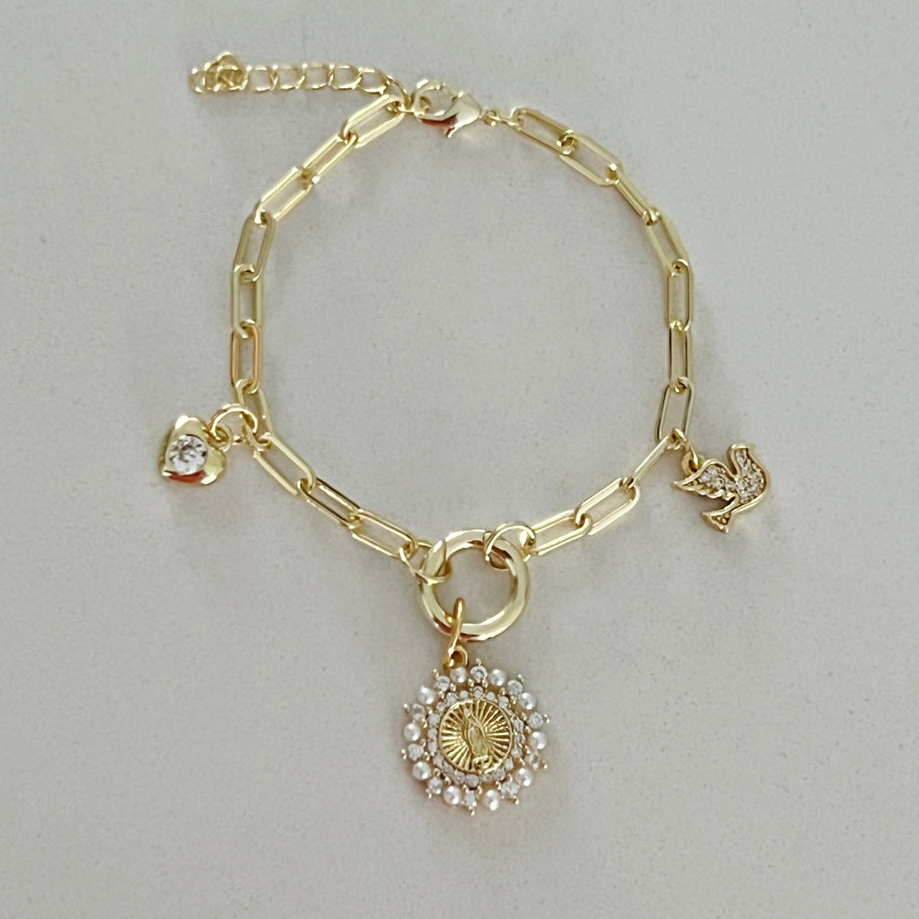 Faith and Love Charm Bracelet with CZ Virgin Mary, Mini Heart, and Dove - Gold