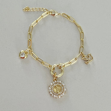 Faith and Love Charm Bracelet with CZ Virgin Mary, Mini Heart, and Dove - Gold