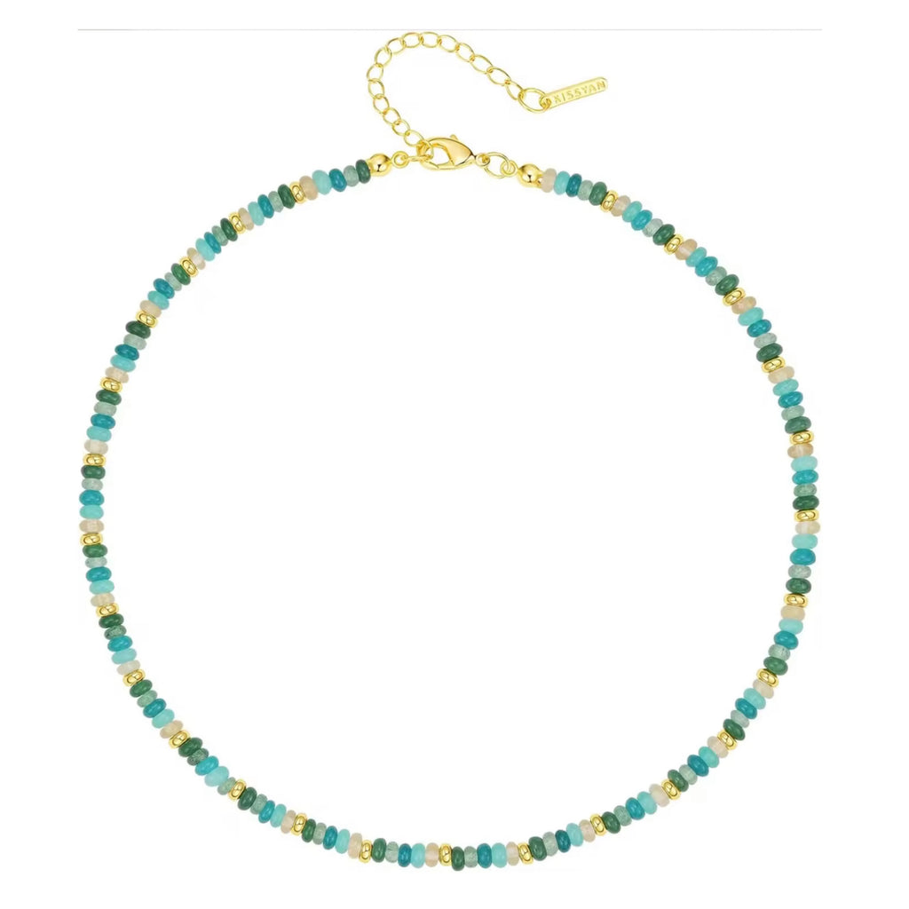 Beaded Gemstone Choker Hamsa Necklace - 14K Gold Plated