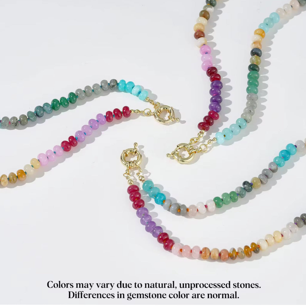 Beaded Gemstone Choker Heart Necklace - 18K Gold Plated