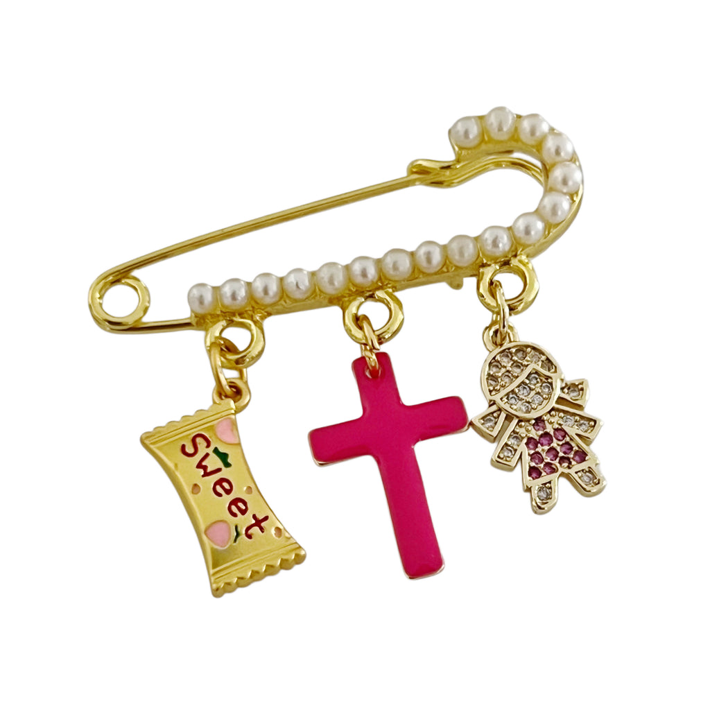 4 CM Pearl Pin With Fuchsia Pink Cross and Girl Charms - Gold