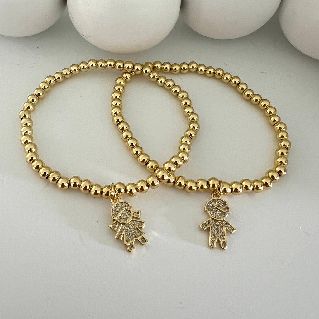 CZ Boy and Girl Beaded Stretch Bracelet - 14K Gold Plated