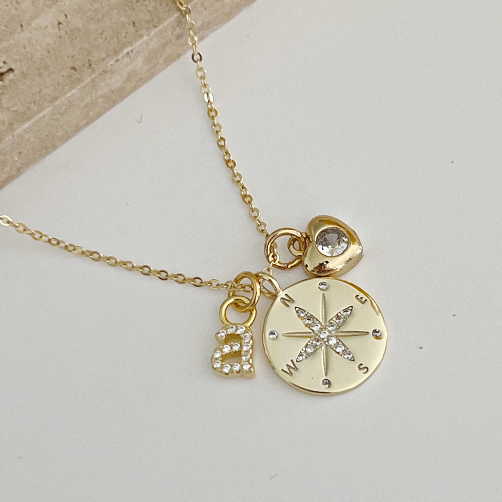 Personalized Compass/Heart Charms Necklace - Gold