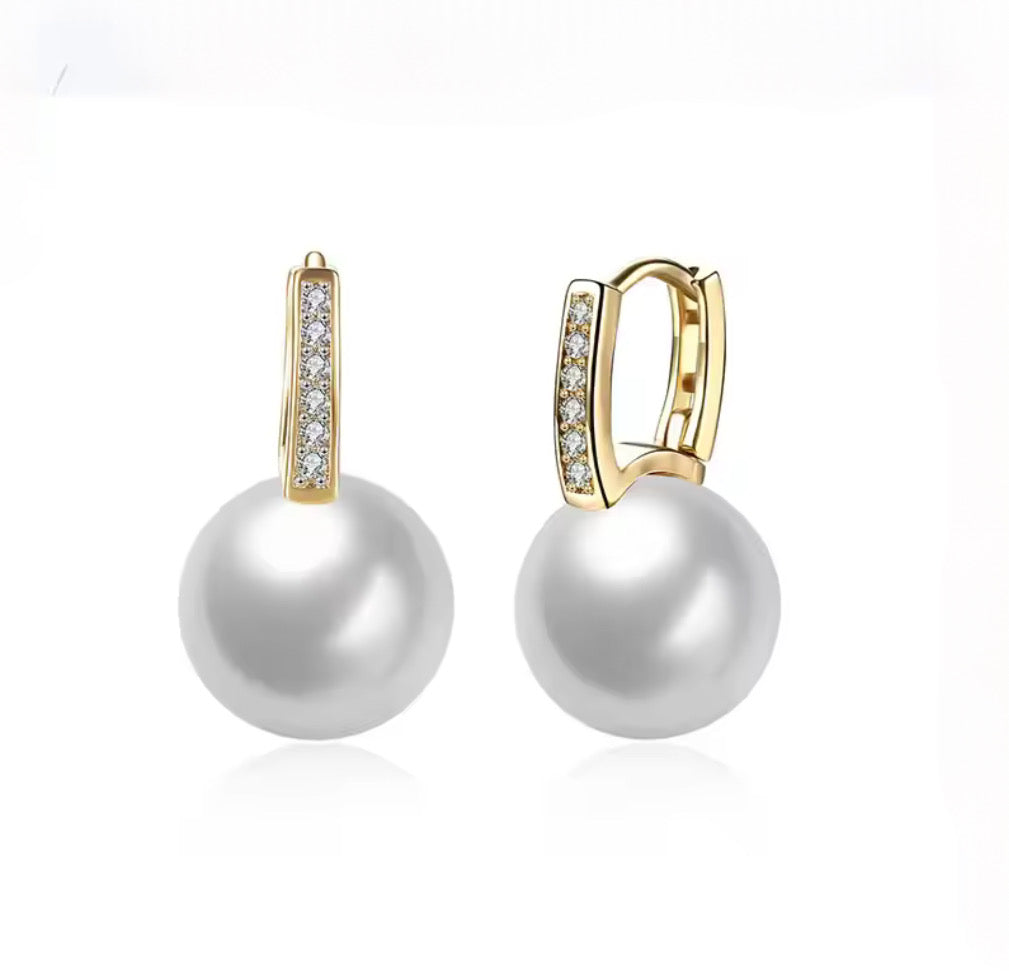 CZ Pearl Dangle Hoop Earrings - Gold and Silver