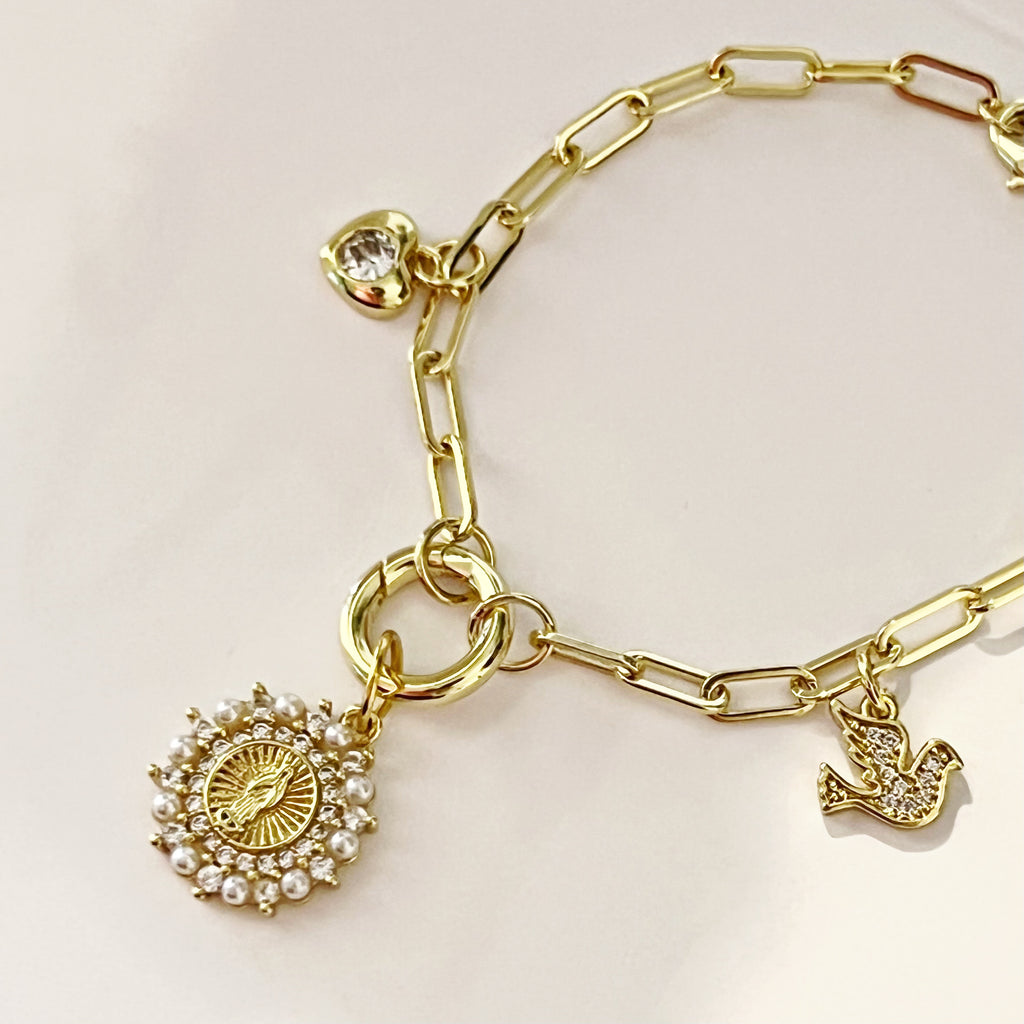 Faith and Love Charm Bracelet with CZ Virgin Mary, Mini Heart, and Dove - Gold