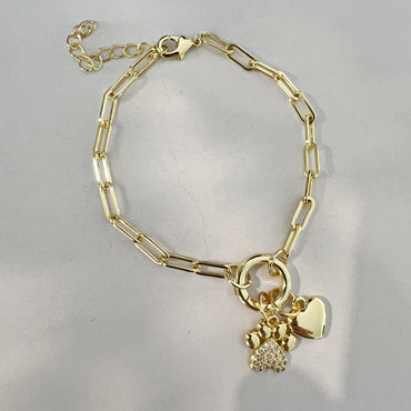 CZ Paw/Heart Push Front Clasp Paperclip Chain Bracelet - Gold