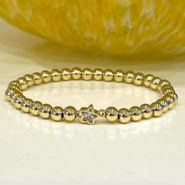 CZ Star Stretch 5 mm Beaded Bracelet - 14k Gold Plated